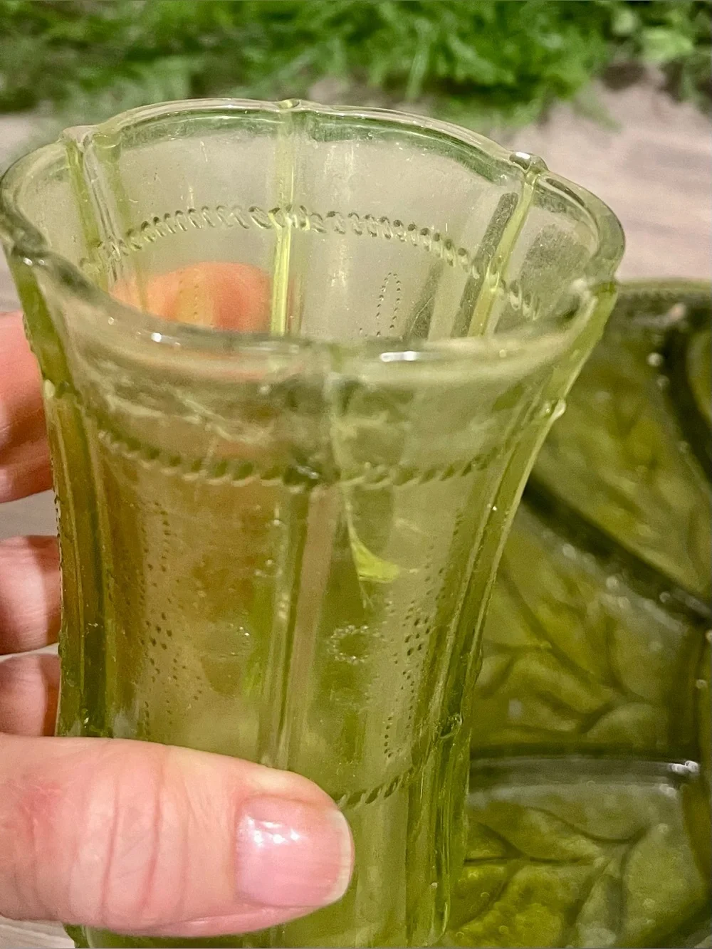 Etienne Aigner Olive Green Glass Divided Serving Platter, Vases and Flower divid